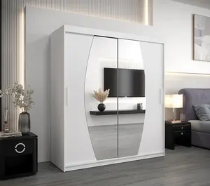 Elypse Contemporary 2 Mirrored Sliding Door Wardrobe 9 Shelves 2 Rails White (H)2000mm (W)1800mm (D)620mm