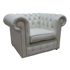 Chesterfield Low Back Club Chair Shelly White Real Leather In Classic Style