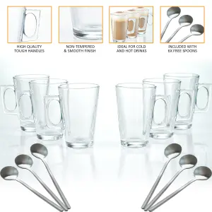 Set of 6 Latte Glasses with Spoons Cappuccino, Tea & Hot Drink Glass Cups with Handle