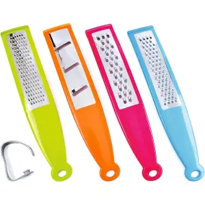 4x Colourful Food Graters with Non-Slip Feet - Flat Stainless Steel Grater and Zester Kitchen Accessory Set - 29cm x 5.5cm