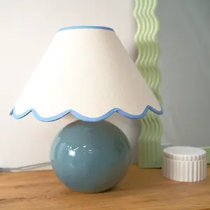 ValueLights Bosco Eucalyptus Ceramic Table Lamp with Blue Trim Scallop Shade - LED Bulb Included