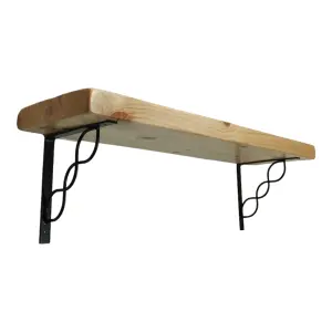 Solid Wood Handmade Rustical Shelf Primed 225mm 9 inch with Black Metal Bracket WPRP Length of 160cm