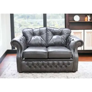 Chesterfield Handmade 2 Seater Sofa Old English Storm Black Leather In Era Style