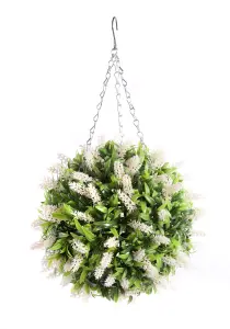 Best Artificial 28cm White Lush Lavender Hanging Basket Flower Topiary Ball - Suitable for Outdoor Use - Weather & Fade Resistant