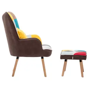 Multicoloured Upholstered Wingback Armchair with Footrest and Lumbar Pillow