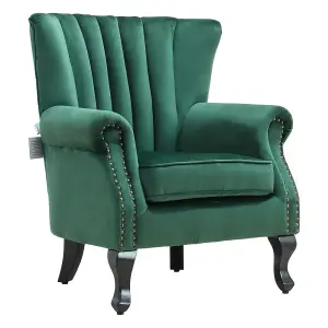 Green Velvet Wing Back Armchair,Upholstered Sofa Chair Vintage Channel Accent Chair with Wooden Legs