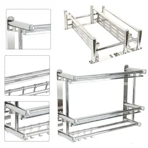 2 Tier Chrome Wall Mounted Stainless Steel Bathroom Shelf Towel Rail with Towel Bar Rod Hooks