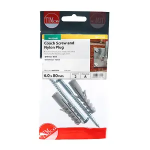 Timco - Coach Screw & Nylon Plugs - Zinc (Size 6.0 x 80 - 2 Pieces)