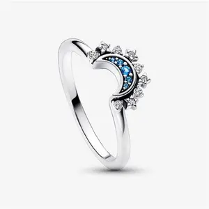 Pandora Celestial Blue Sparkling Moon Ring - Sterling Silver / Mixed Stone / Blue - Sz. 50