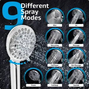 SPARES2GO Shower Head and Filter Multi Function 9 Power Modes Massage Mist Chrome