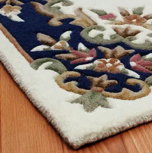 Handmade Borderded Floral Easy to Clean Cream Blue Traditional Wool Rug for Living Room & Bedroom-200cm X 285cm