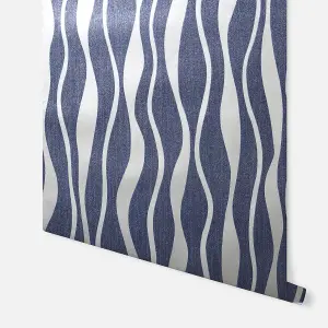 Arthouse Metallic Wave Navy/Silver Wallpaper