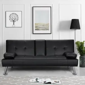 Yaheetech Black Faux Leather Convertible Sofa Bed with Drop-down Cup Holders and Pillows