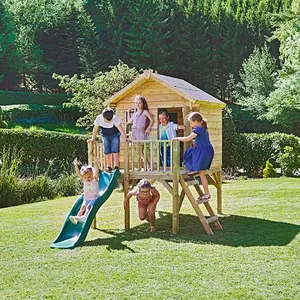 Rebo 5FT x 5FT Childrens Wooden Garden Playhouse on Deck + 6ft Slide - Pheasant Green