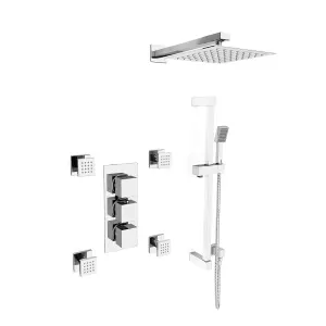 Nes Home Olive Square 3 Way Concealed Thermostatic Shower Mixer Valve, Shower Head, Handset, Slider Rail, 4x Body Jets Set Chrome