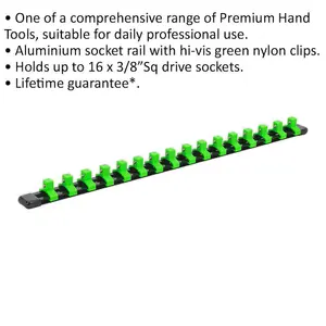 Premium 3/8" Square Drive Bit Holder with 16 Sockets and Green Storage Rail