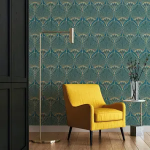 Grandeco Art Deco Nile Palm Textured Wallpaper, Blue Gold