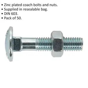 50-Pack Zinc Plated Coach Bolt and Nut Set - M8 x 40mm - Durable DIN 603 Standard