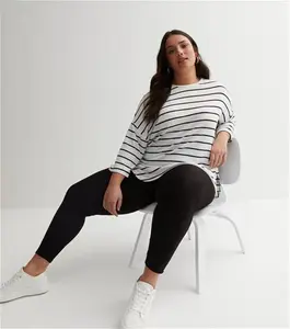 New Look Women's Plus Size White Stripe Fine Knit 3/4 Sleeve Batwing Top Curves - M