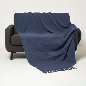 Homescapes Kashi Navy Cotton Throw with Tassels 150 x 200 cm