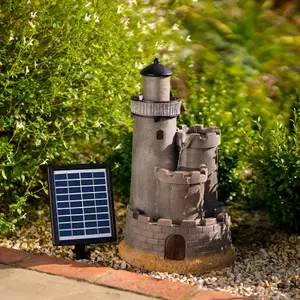 Primrose Solar Powered Grey Castle Cascading Water Feature With Battery Backup and Lights H49cm