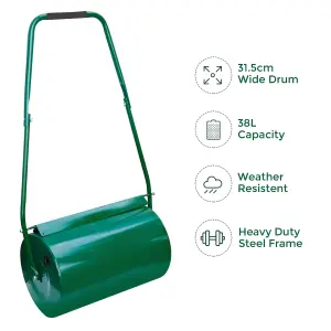 GARDEN LAWN METAL WATER SAND FILLED MANUAL GRASS ROLLER 38L