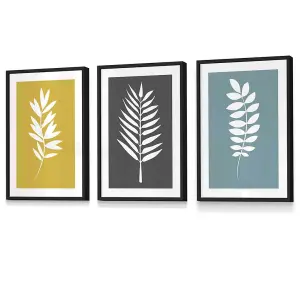 Set of 3 Framed Yellow, Grey, Blue Graphical Leaves Wall Art Prints / 30x42cm (A3) / Black Frame