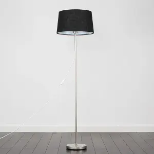 ValueLights Modern Floor Lamp In Brushed Chrome Metal Finish With Black Faux Linen Shade