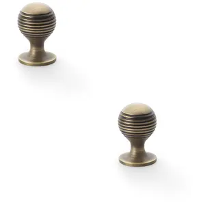 2 PACK - Reeded Ball Door Knob - 25mm Diameter Antique Brass Lined Cupboard Pull Handle