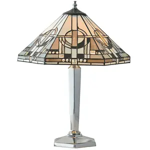 Tiffany Glass Table Lamp Light Polished Aluminium & Art Deco Hex Shade i00218