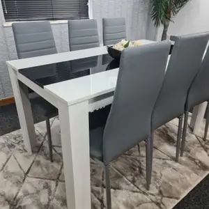 Modern White and Black Wood Dining Table With 6 Grey Faux Leather Metal Chairs