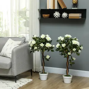 Outsunny Set of 2 90cm Artificial Rose Tree, Fake Decorative Plant, White