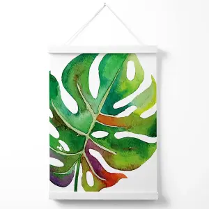 Monstera Leaf Abstract Watercolour Botanical Poster with Hanger / 33cm / White