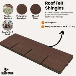 Bitumen Roof Felt Shingles, 20 pcs/34.44 ft² (3.2 sqm), Asphalt Roof Shingles - Weather Resistant Roofing Tiles - Brown