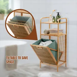 Costway Bamboo Bathroom Shelf Tilt-out Laundry Hamper Storage Organiser w/ Laundry Basket