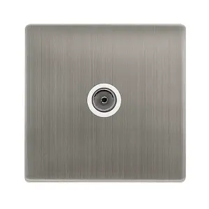 Stainless Steel Screwless Plate 1 Gang Single Coaxial TV Socket - White Trim - SE Home