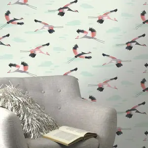 Cranes Wallpaper Green Rasch 818116