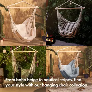 VonHaus Hanging Chair, Blue and White Striped Garden Hammock Chair Swing Seat, Cotton Rope Garden Swing Chair with Tree Attachment