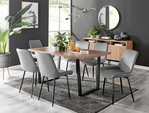 Furniturebox Kylo Brown Rectangular Wood Effect Dining Table & 6 Grey Velvet Pesaro Black Leg Chairs