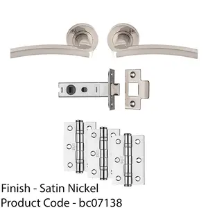 Premium Door Handle & Latch Pack - Satin Nickel Slim Curved Lever Round Rose