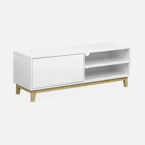 sweeek. 1-drawer TV unit with wooden legs Floki White 120x40x45 cm