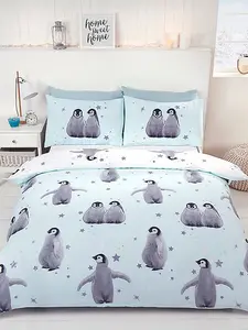 Starry Penguins Double Duvet Cover Set - Ice Blue