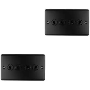 2 PACK 4 Gang Quad Retro Toggle Light Switch MATT BLACK 10A 2 Way Plate