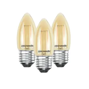 paul russells LED Filament Candle Bulb, 2.5W 200 Lumens, 20w Equivalent, 2200K Extra Warm White Amber, Pack of 3