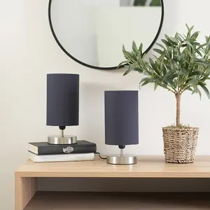 ValueLights Francis Pair - Brushed Chrome Cylinder Touch Dimmer Table Lamp with Navy Blue Fabric Shade Bedside Light