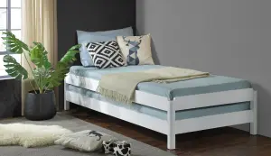 White Wooden Stacking Bed, 3in1 Guest Bed, 2 Layer Space Saving Bed Frame, Converts to 2 Single Day Beds