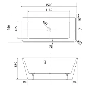 Morgan Black Freestanding Acrylic Bath (L)1500mm (W)750mm