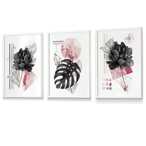 Set of 3 Abstract Pink and Black Botanical Wall Art Prints / 30x42cm (A3) / White Frame