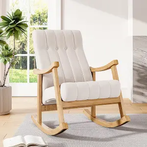 Upholstered Rocking Chair with Velvet Padded Seat Comfortable Rubberwood and High Back Armchair Beige for Living Room