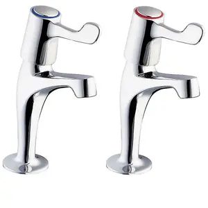 Hot Cold Long Lever Kitchen Sink Pillar Taps Chrome Plated 1/2" Outlet - Pair